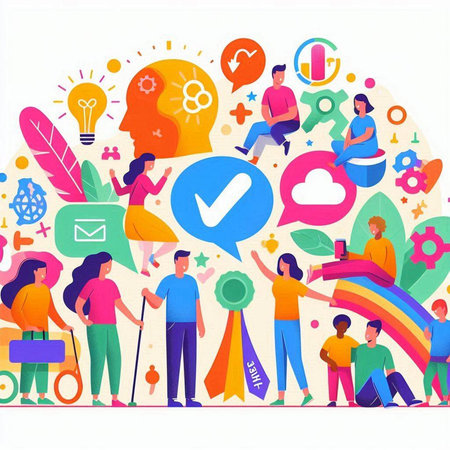 Teamwork concept with people and icons. Flat design vector illustration.のイラスト素材
