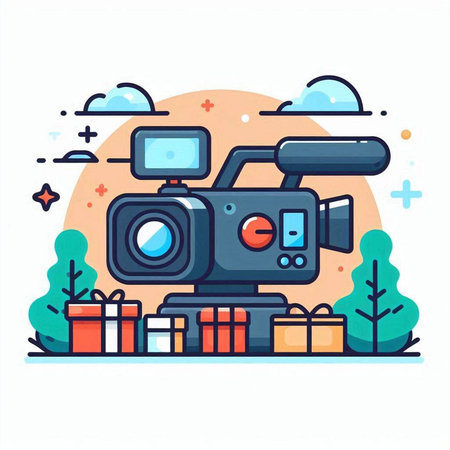 Video camera with gifts. Vector illustration in flat linear style. Isolated on white background.のイラスト素材