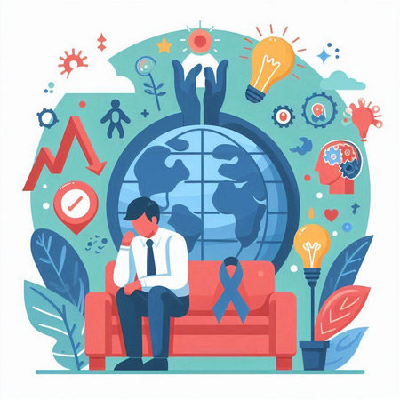 World cancer day vector illustration. Cartoon flat man sitting on sofa with world globe, ribbon and icons around. World cancer day conceptのイラスト素材