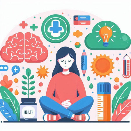Vector illustration of a woman sitting on the floor in front of a window with a lot of colorful icons.のイラスト素材