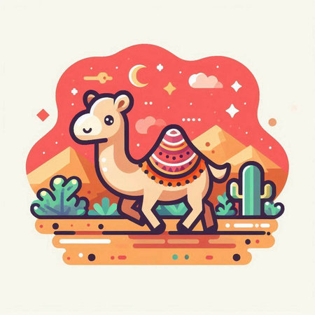 Camel in the desert. Colorful vector illustration in flat styleのイラスト素材