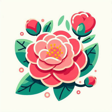 Camellia flower with green leaves. Vector illustration in flat styleのイラスト素材