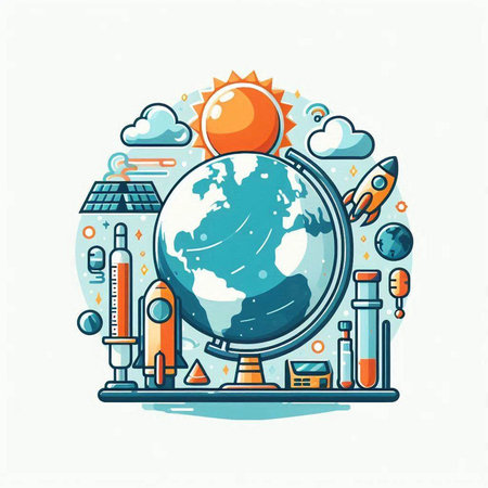 Vector illustration of globe, rocket, solar panels and other elements.のイラスト素材