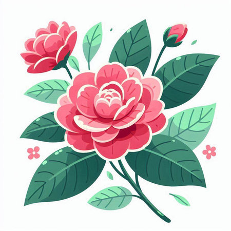 Beautiful pink rose with green leaves isolated on white background. Vector illustration.のイラスト素材