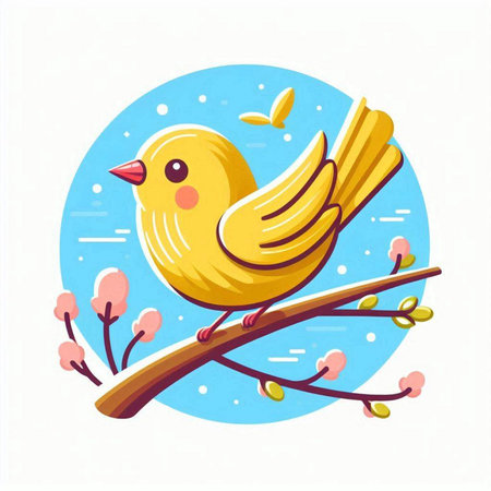 Cute yellow bird on a tree branch. Vector illustration in cartoon style.のイラスト素材