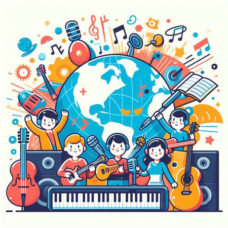 Vector illustration of children playing musical instruments around the world. Kids music concept.のイラスト素材