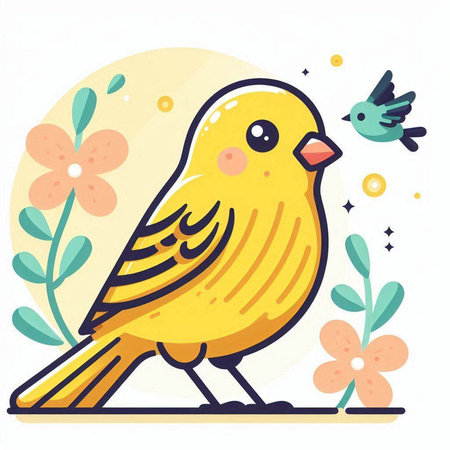 Cute yellow bird with flowers and birds. Flat vector illustration.のイラスト素材