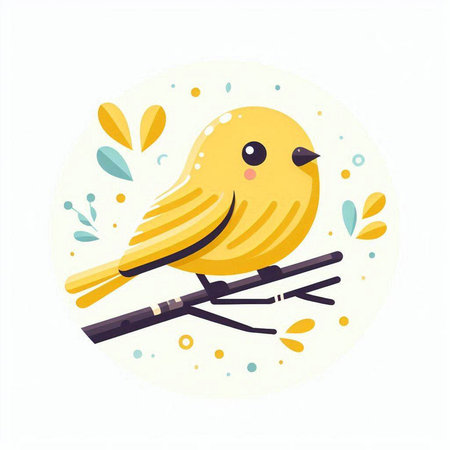 Cute yellow bird sitting on a branch. Flat vector illustration.のイラスト素材