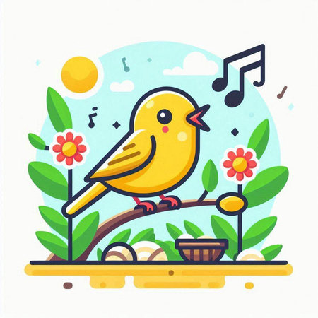 Cute little bird sitting on the branch and singing. Vector illustration.のイラスト素材