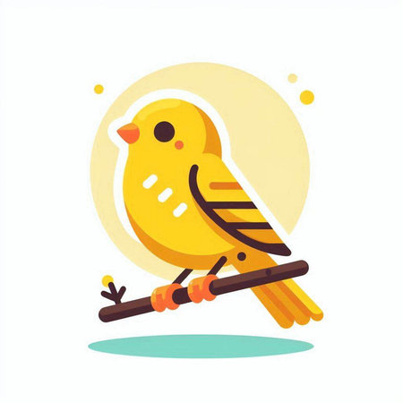 Cute yellow bird sitting on a branch. Flat vector illustration.のイラスト素材