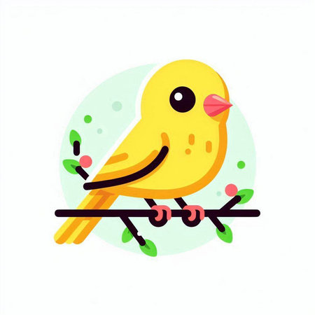 Cute yellow bird sitting on a branch. Vector flat illustration.のイラスト素材