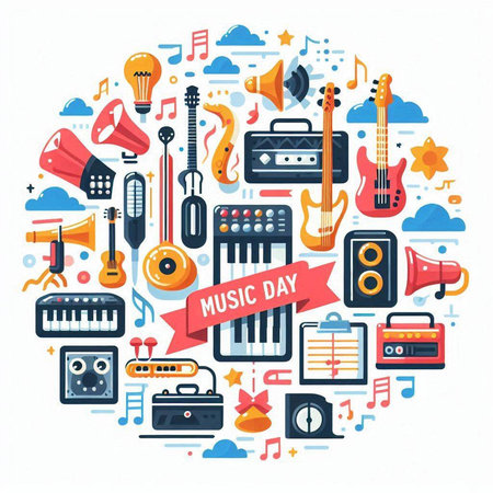 Music festival poster with musical instruments. Vector illustration in flat style.のイラスト素材