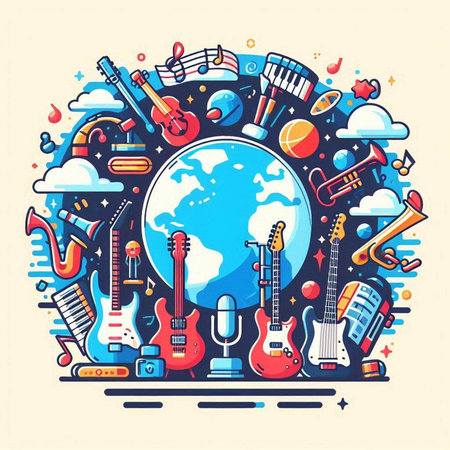 Vector colorful illustration with music instruments and planet earth in flat style.のイラスト素材