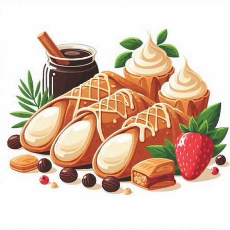 Illustration of a set of sweet cakes with cream and strawberries.のイラスト素材