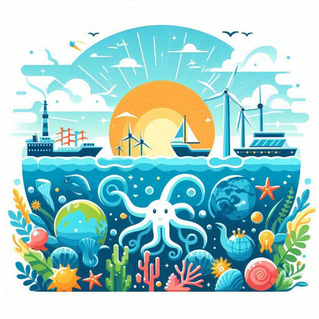 Sea landscape with ship, sun and sea animals. Vector illustration.のイラスト素材