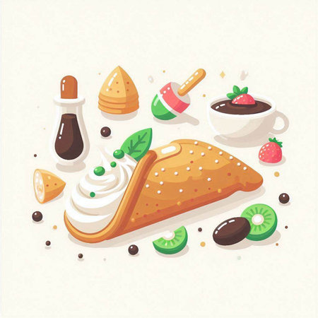 Illustration of a piece of cake with cream, kiwi, ice cream and spices.のイラスト素材