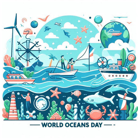 World Ocean Day banner with marine elements. Vector illustration in flat styleのイラスト素材