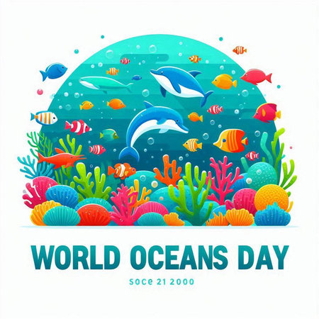 World Ocean Day banner with corals and fish. Vector illustration.のイラスト素材
