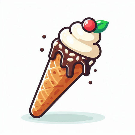 Ice cream cone with whipped cream and cherries. Vector illustration.のイラスト素材