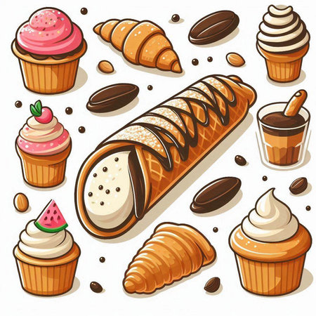 Coffee, croissants, macaroons, ice cream, cupcake, coffee beans and other sweets. Vector illustration.のイラスト素材