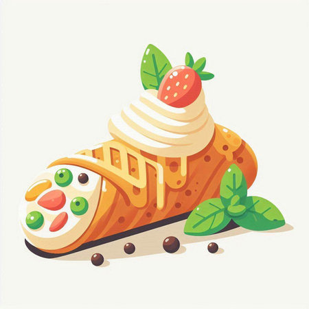 Vector illustration of a strawberry strudel with cream and mint leavesのイラスト素材