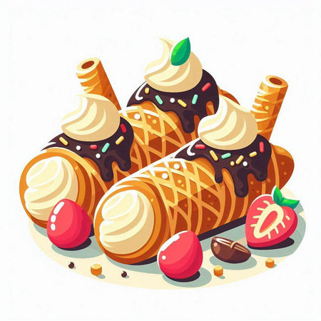 Illustration of ice cream waffle with chocolate and strawberries on white backgroundのイラスト素材