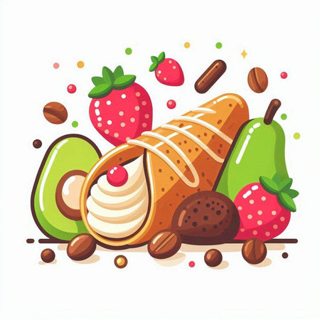 Strawberry, pear, chocolate, almond, vanilla ice cream. Vector illustration.のイラスト素材
