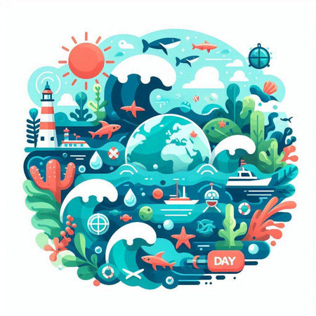 Sea travel concept. Vector illustration in flat style with icons on the theme of travel.のイラスト素材
