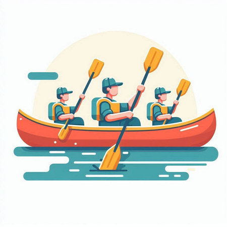 Group of men rowing in a boat. Flat vector illustration.のイラスト素材