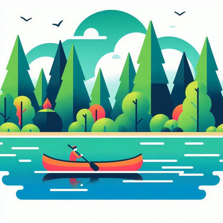 Summer landscape with boat on the lake and trees. Vector illustration.のイラスト素材