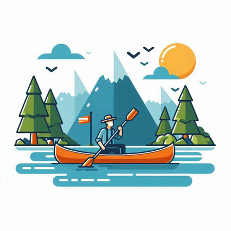 Man in a kayak on the river. Flat style vector illustration.のイラスト素材