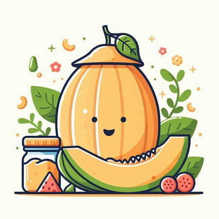 Cute cartoon melon character with fruits and vegetables. Vector illustration.のイラスト素材