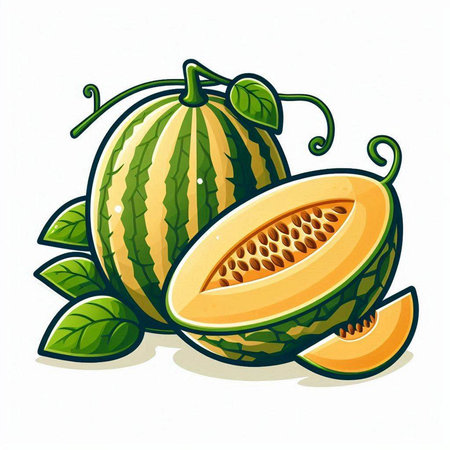 Illustration of a whole and half melon on a white backgroundのイラスト素材