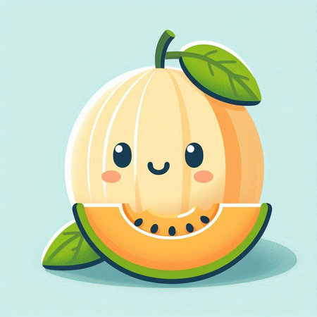 Cute kawaii melon character on blue background. Vector illustration.のイラスト素材