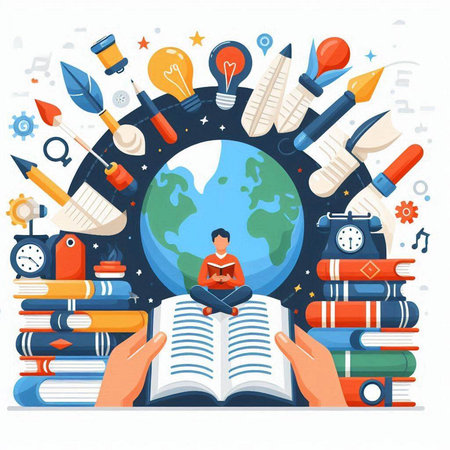 Education and learning concept in flat design. Man reading a book near the globe with different icons.のイラスト素材