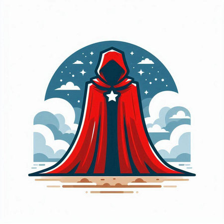 Vector illustration of a red cloak with a hood on the background of the night skyのイラスト素材