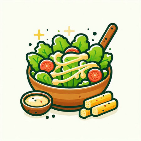 Salad bowl with lettuce, tomato, cheese and sauce. Vector illustration.のイラスト素材