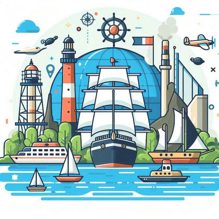 Sailing boats and yachts on the sea. Vector illustration.のイラスト素材