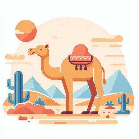 Camel in desert flat vector illustration. Desert landscape with camel and cactuses.のイラスト素材