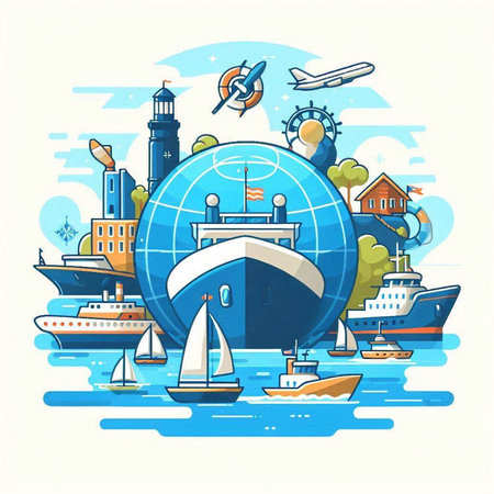 Sea travel and tourism concept. Vector illustration of sea cruise ship, boat, lighthouse, lighthouse, cruise ship, cruise linerのイラスト素材
