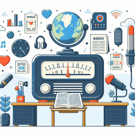 Vector illustration of radio station with world globe, books, microphone and iconsのイラスト素材