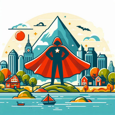 Superhero on the background of the city landscape. Vector illustration.のイラスト素材
