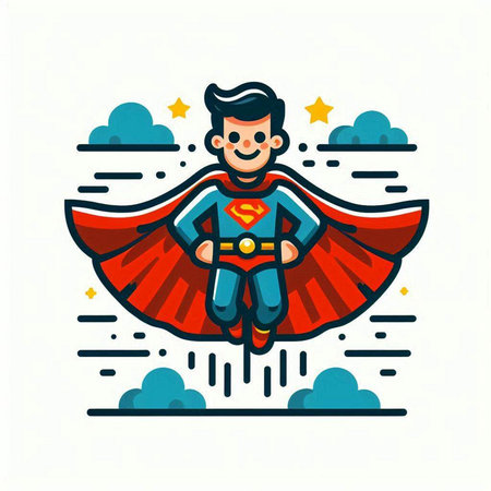 Superhero boy flying in the sky. Vector illustration in flat styleのイラスト素材