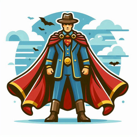 Cartoon vector illustration of a man in a cape and hat.のイラスト素材