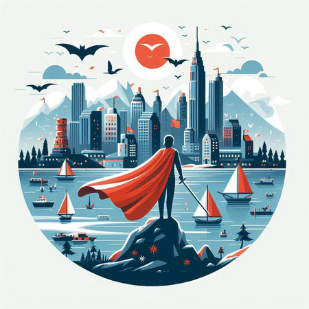 Superhero with red cape on the background of the city. Vector illustrationのイラスト素材