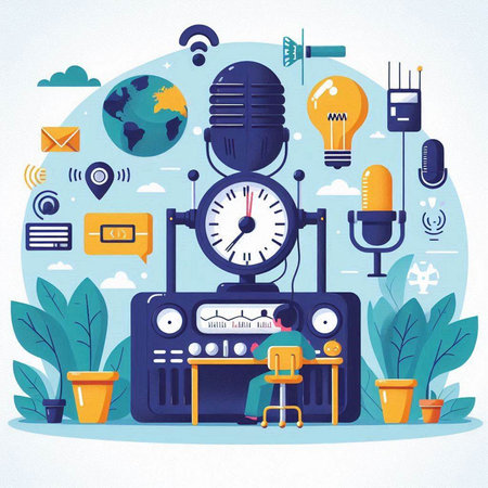 Radio station flat vector illustration. Radio station with equipment and devices. Radio broadcasting concept.のイラスト素材