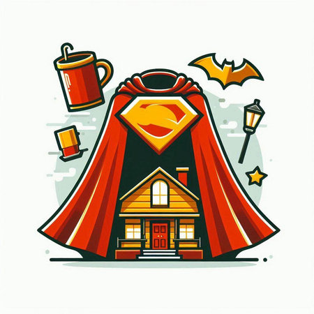 Vector illustration of a house with a red roof and a red cloak.のイラスト素材