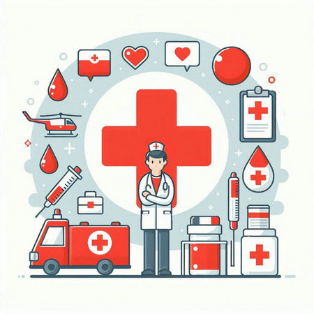 Vector illustration of medical flat design concept with doctor, ambulance, first aid kit, blood sample, ambulance car.のイラスト素材