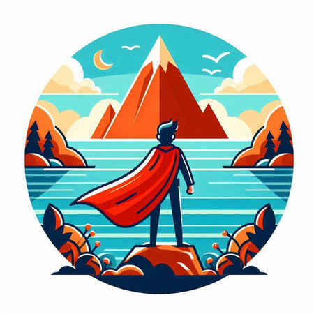 Superhero on the top of the mountain. Vector illustration in flat styleのイラスト素材
