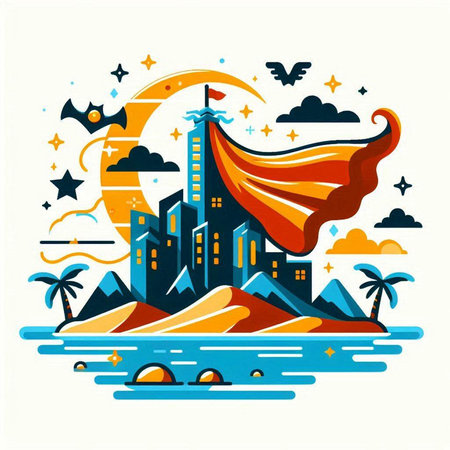 Vector illustration of the city with skyscrapers, palm trees and flying superhero cloak.のイラスト素材